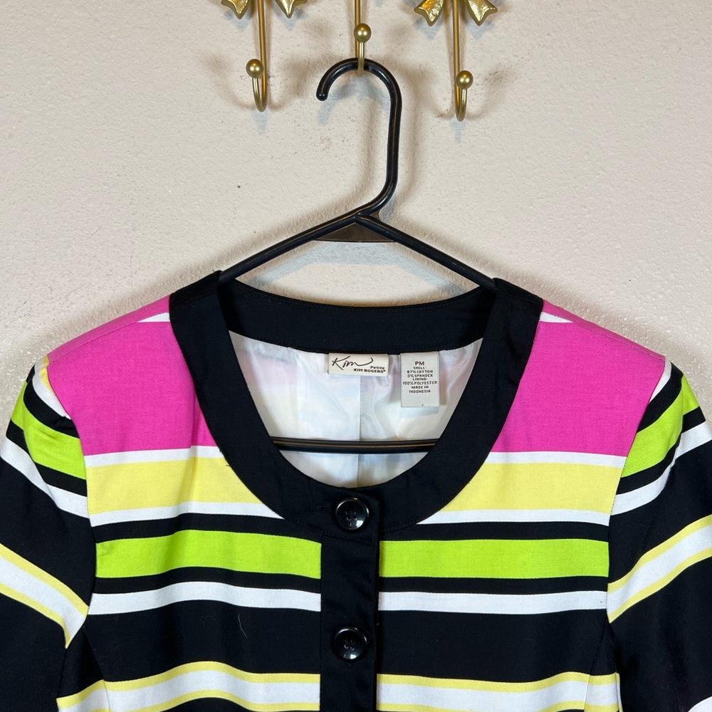 Kim Rogers Black, Hot Pink & Yellow Striped Short Sleeve Blazer. Size MP - Picture 2 of 5